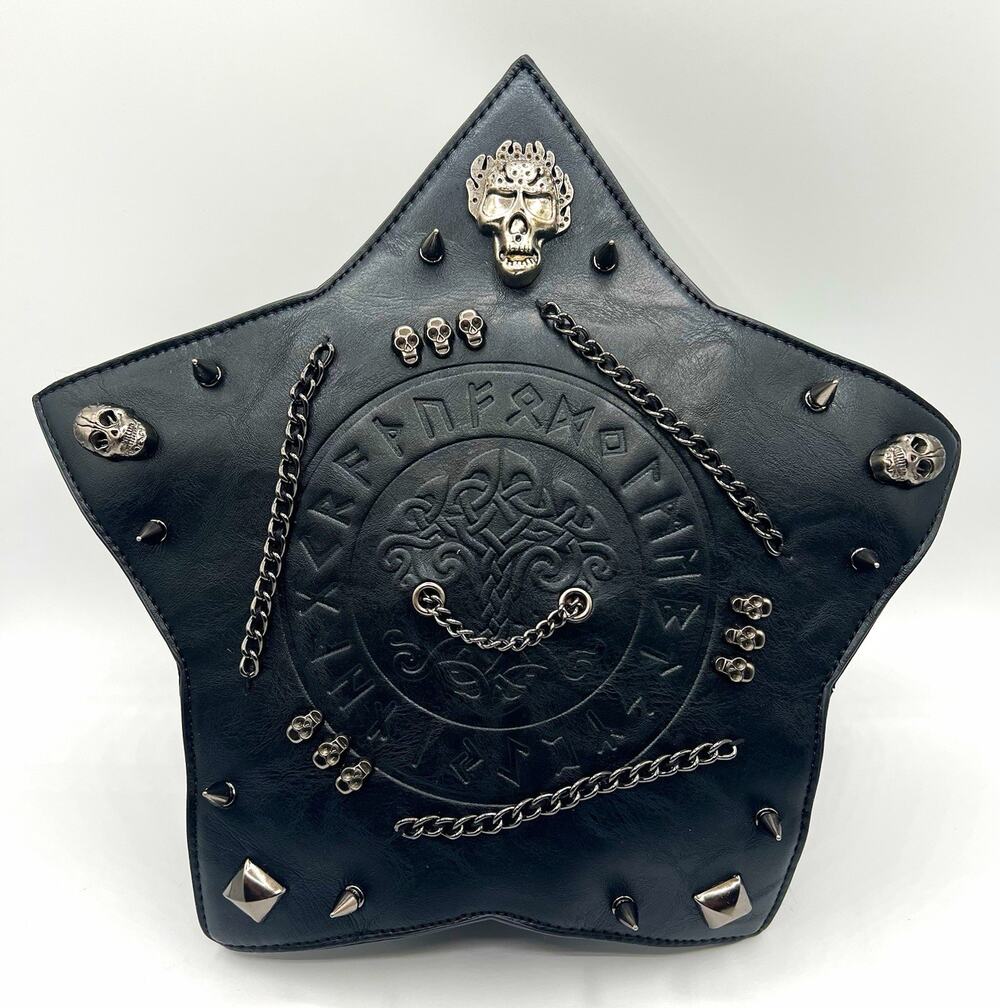 Black Star Studded Skull Crossbody Bag Chain Accents Zip Lined Detach Strap New